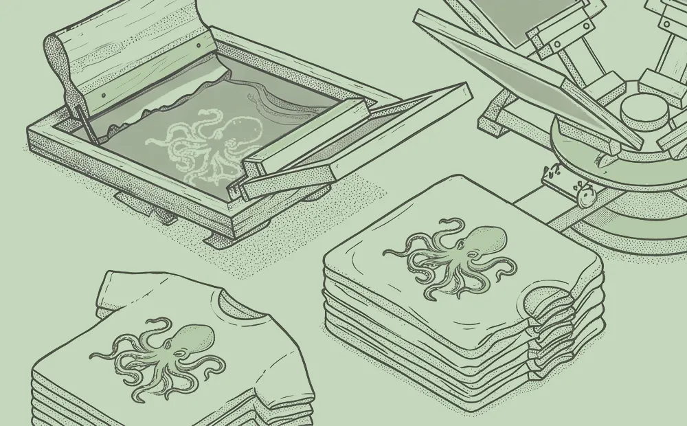 Minimalist vector line art of a t-shirt screen printing setup with kraken artwork in dusky olive on sage green.