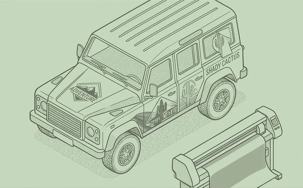 Isometric line art illustration of a 4x4 vehicle with custom vinyl decals and a vinyl cutting plotter in dusky olive on sage green.