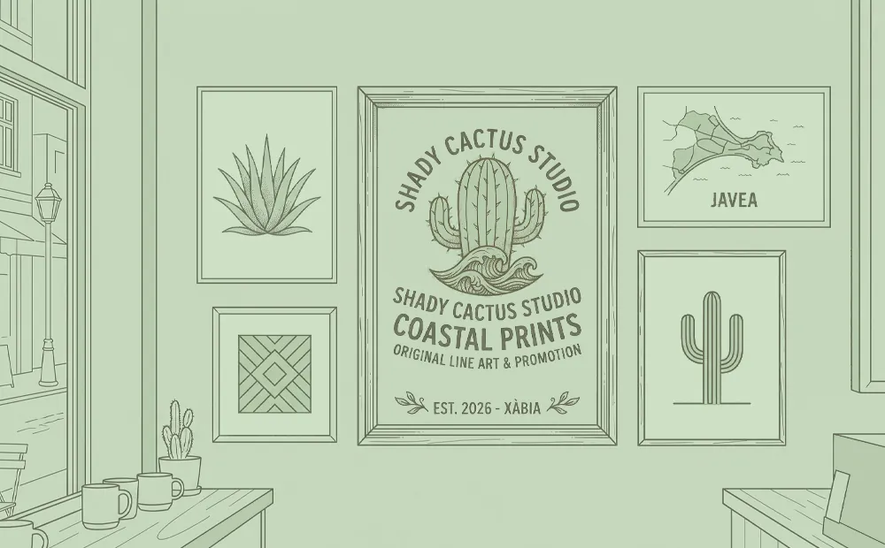 Isometric line art illustration of a framed coastal promotional poster featuring cacti and wave motifs in dusky olive on sage green.
