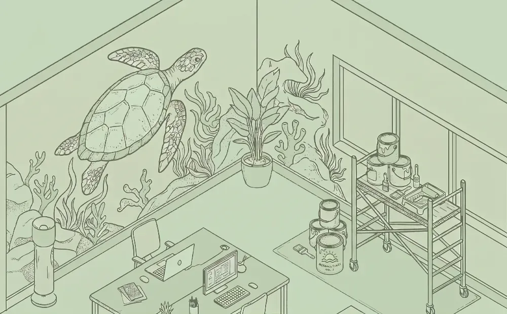 Minimalist vector line art of an interior office space featuring a detailed hand-painted sea turtle wall mural in dusky olive on sage green.