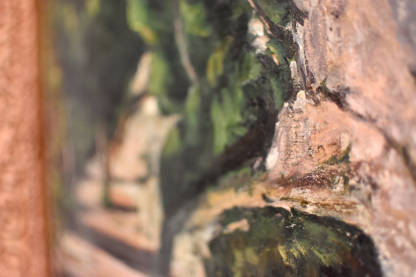 Thick paint strokes create a textured landscape on canvas.